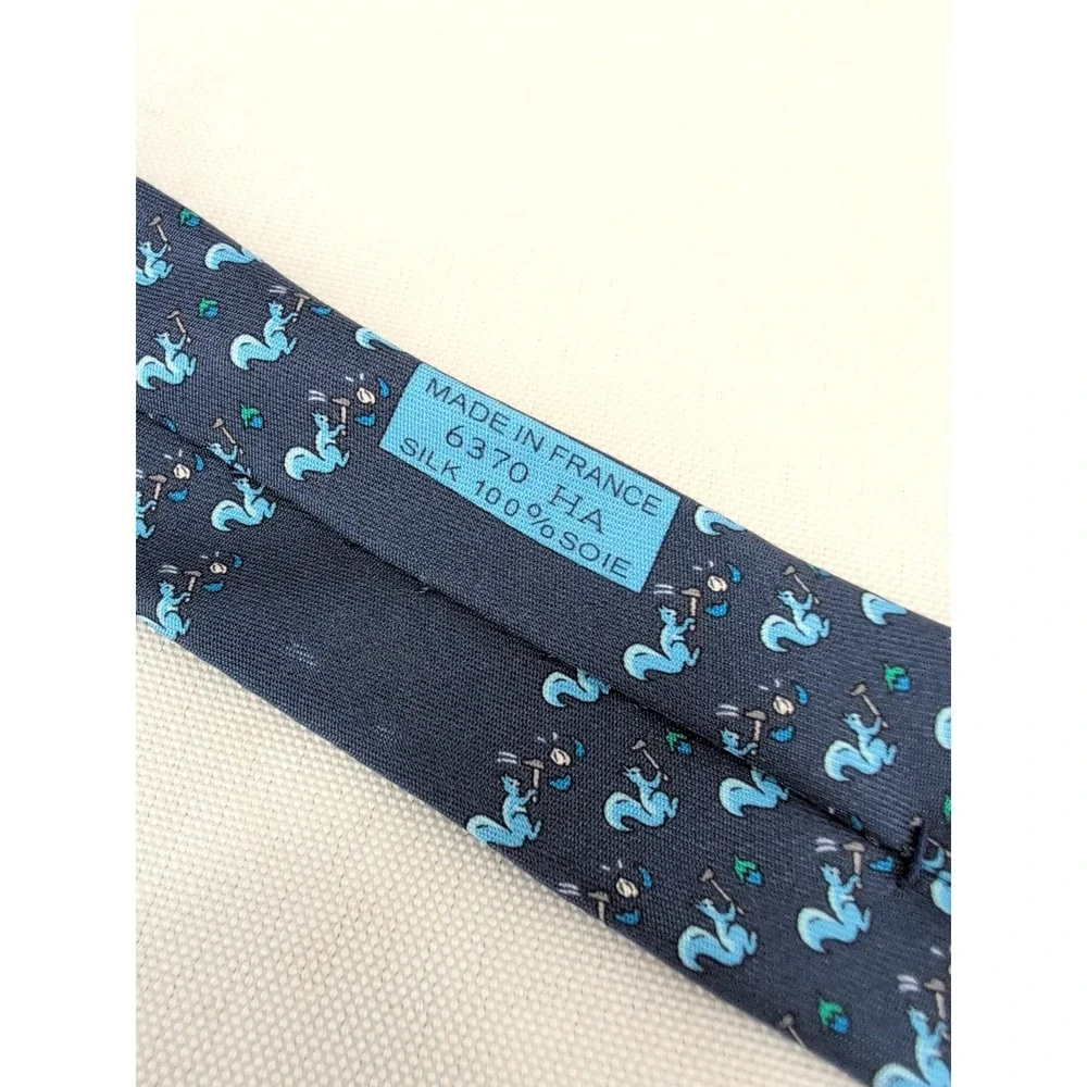 Hermes Silk Necktie Navy Blue Squirrel Cracking Nut Animal Print Made in France
